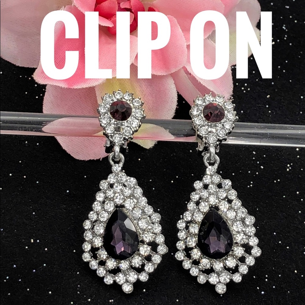 Purple Clear Rhinestone Clip On Dangle Earrings